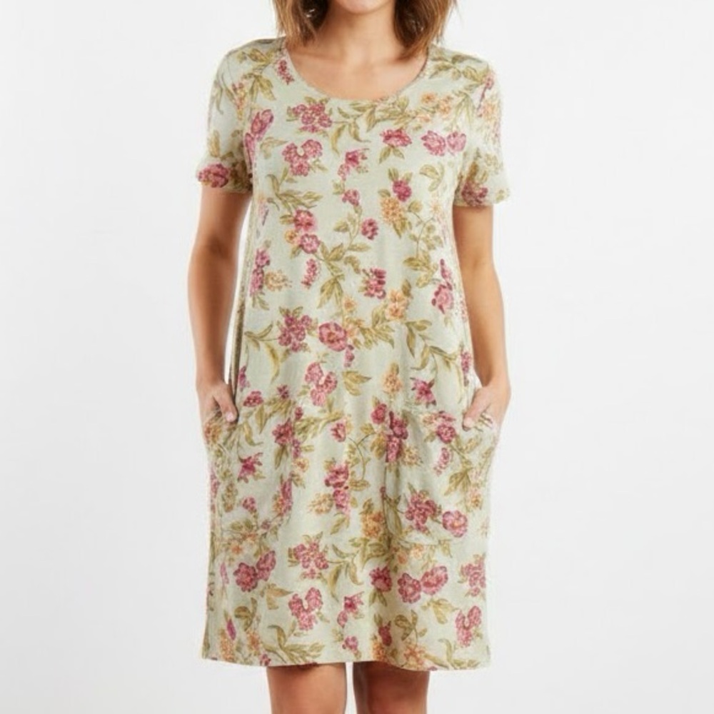 Erika Vintage 90s Green Floral Linen Front Pockets Mini Shirt Dress Small